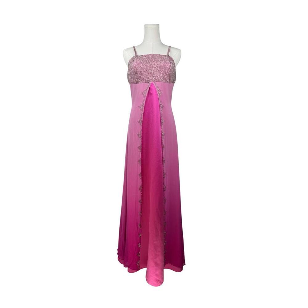 Y2K Vintage Pure Silk Beaded Ombre Pink Fairy Princess Split Front Hem Dress S